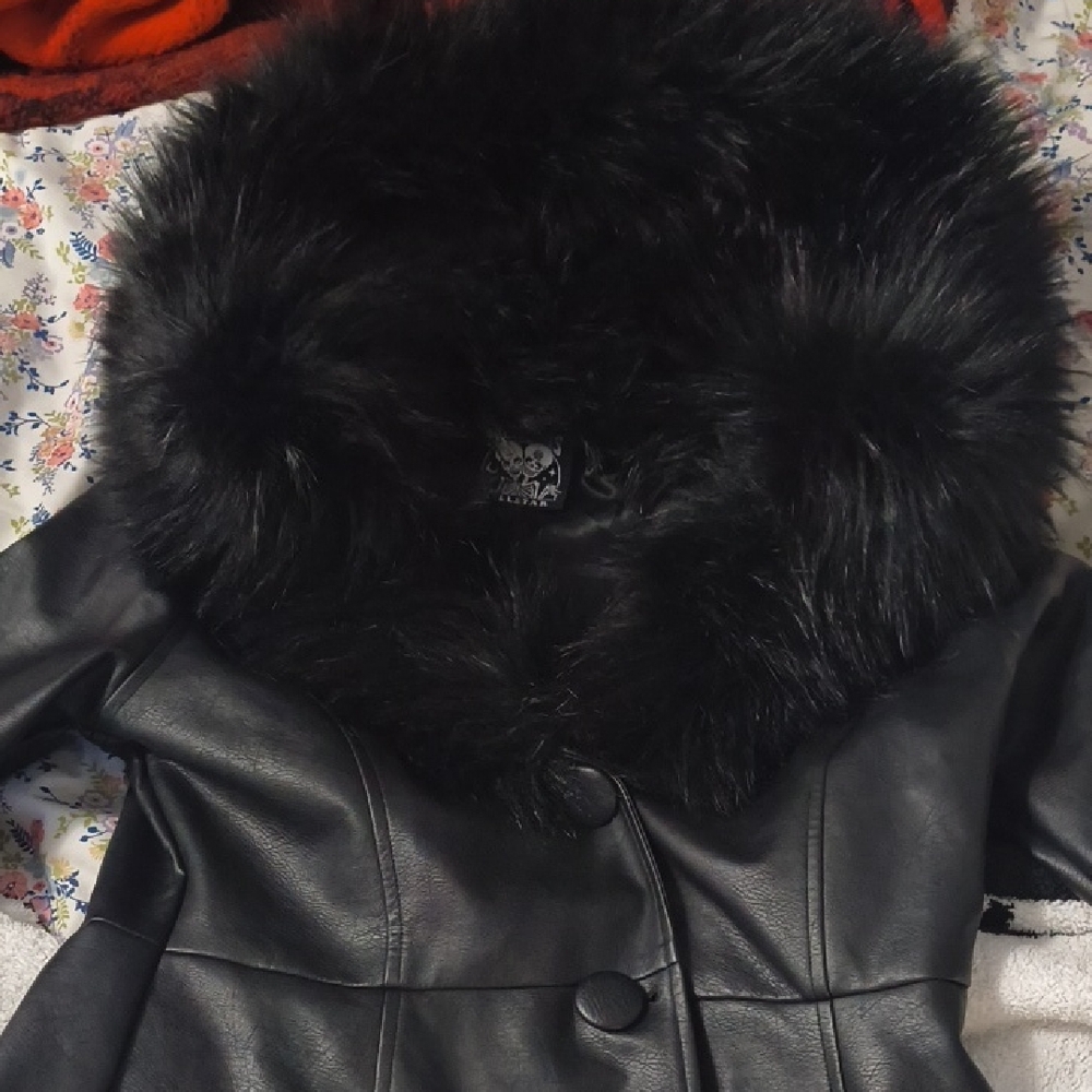 Killstar Black Leather Jacket with Faux Fur Collar